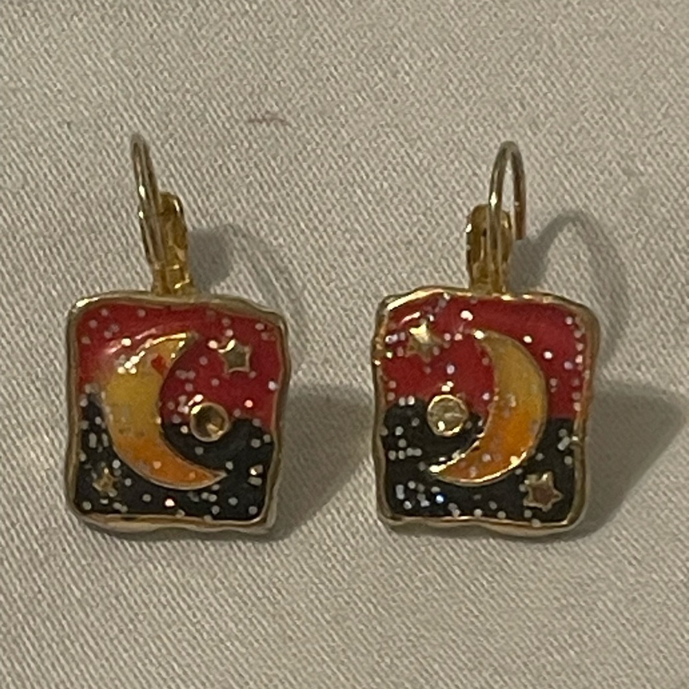 Gold and Red Moon‎ and Stars Earrings